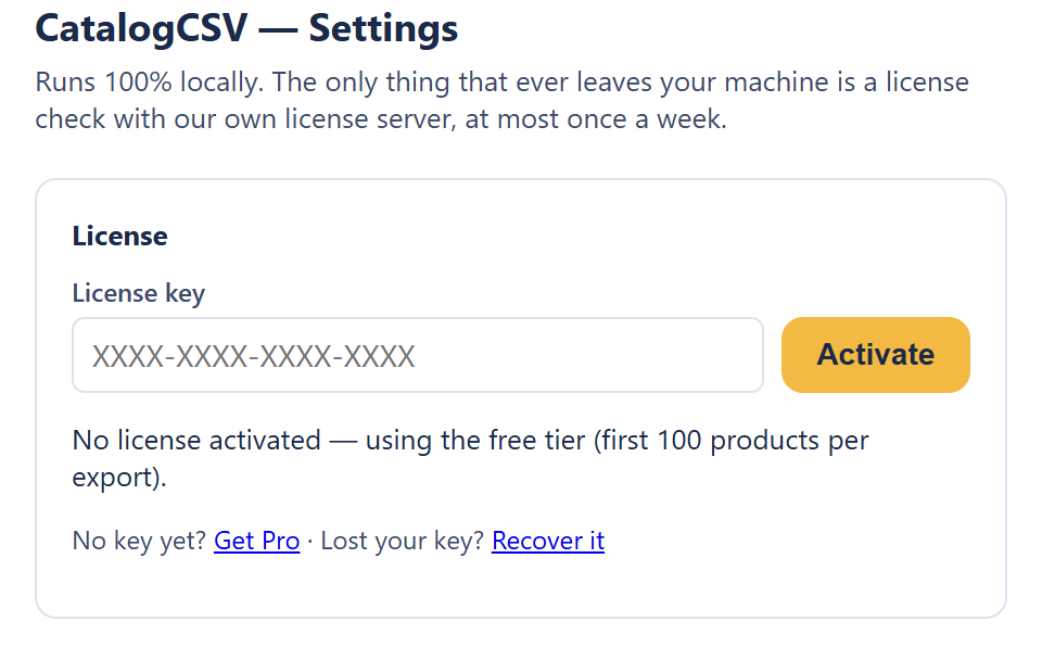 The extension’s Settings page: a License key field with an Activate button. No license activated — using the free tier (first 100 products per export).