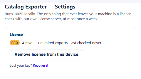 The extension’s Settings page with a Pro badge: Active — unlimited exports.