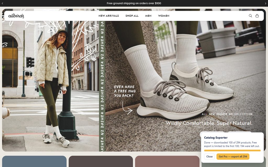 Catalog Exporter running on a Shopify store: the overlay in the corner says Done — downloaded 100 of 294 products, with a Get Pro button to export all 294.