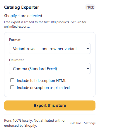 The extension popup on a Shopify store: Shopify store detected, a format and delimiter selector, and an Export this store button.
